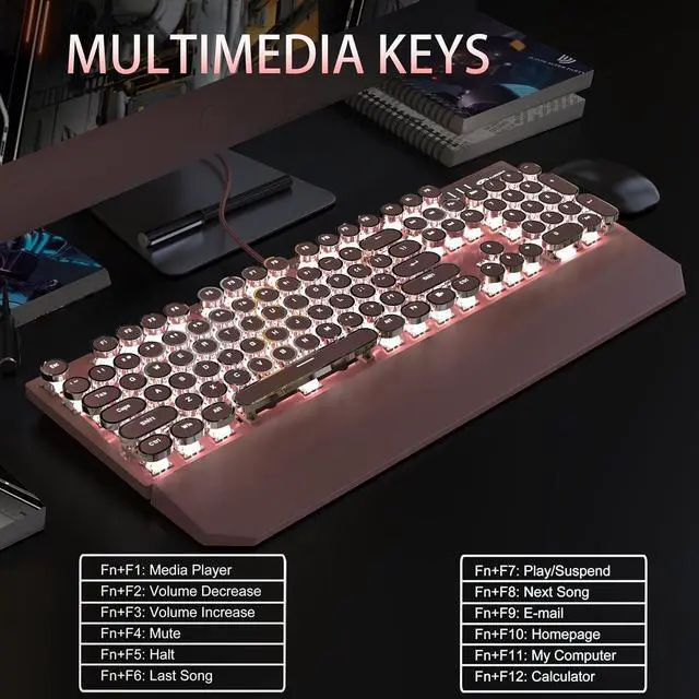 Alt view image 5 of 7 - Camiysn Typewriter Style Mechanical Gaming Keyboard, Pink Retro Punk Gaming Keyboard with White Backlit, 104 Keys Blue Switch Wired Cute Keyboards, Round Keycaps for Windows/Mac/PC