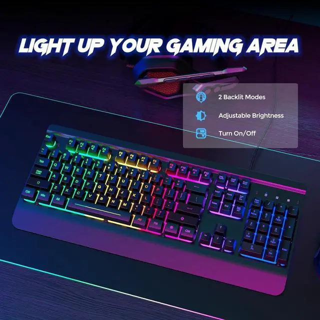 Alt view image 2 of 7 - Gaming Keyboard, 104 Keys All-Metal Panel, Rainbow LED Backlit Silent Computer Keyboard, Wrist Rest, Multimedia Keys, Anti-Ghosting, Waterproof Light Up Wired Keyboard for PC Mac Gamer