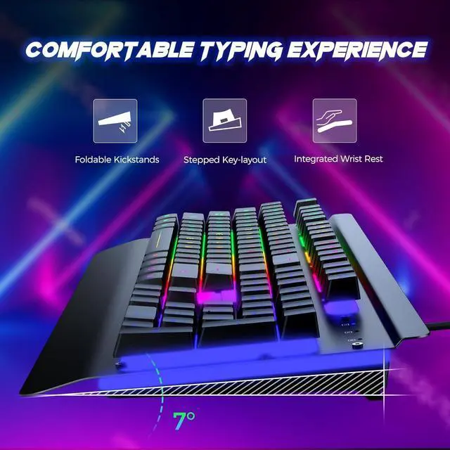 Alt view image 3 of 7 - Gaming Keyboard, 104 Keys All-Metal Panel, Rainbow LED Backlit Silent Computer Keyboard, Wrist Rest, Multimedia Keys, Anti-Ghosting, Waterproof Light Up Wired Keyboard for PC Mac Gamer
