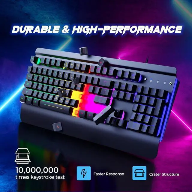 Alt view image 4 of 7 - Gaming Keyboard, 104 Keys All-Metal Panel, Rainbow LED Backlit Silent Computer Keyboard, Wrist Rest, Multimedia Keys, Anti-Ghosting, Waterproof Light Up Wired Keyboard for PC Mac Gamer