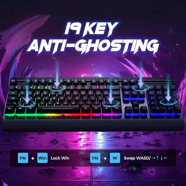 Alt view image 5 of 7 - Gaming Keyboard, 104 Keys All-Metal Panel, Rainbow LED Backlit Silent Computer Keyboard, Wrist Rest, Multimedia Keys, Anti-Ghosting, Waterproof Light Up Wired Keyboard for PC Mac Gamer