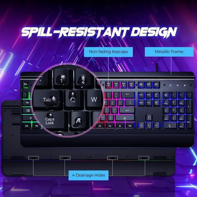 Alt view image 6 of 7 - Gaming Keyboard, 104 Keys All-Metal Panel, Rainbow LED Backlit Silent Computer Keyboard, Wrist Rest, Multimedia Keys, Anti-Ghosting, Waterproof Light Up Wired Keyboard for PC Mac Gamer