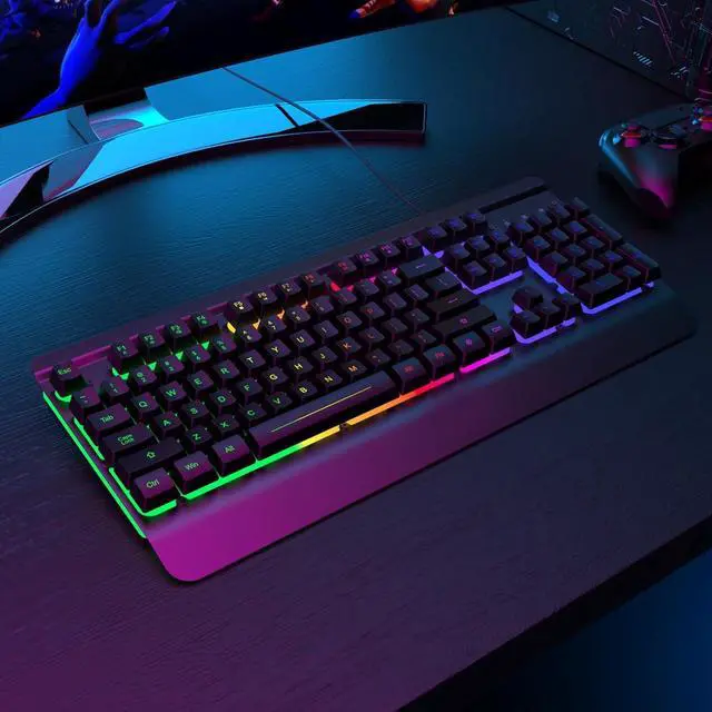 Alt view image 7 of 7 - Gaming Keyboard, 104 Keys All-Metal Panel, Rainbow LED Backlit Silent Computer Keyboard, Wrist Rest, Multimedia Keys, Anti-Ghosting, Waterproof Light Up Wired Keyboard for PC Mac Gamer