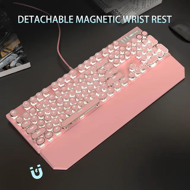 Alt view image 6 of 7 - Camiysn Typewriter Style Mechanical Gaming Keyboard, Pink Retro Punk Gaming Keyboard with White Backlit, 104 Keys Blue Switch Wired Cute Keyboards, Round Keycaps for Windows/Mac/PC