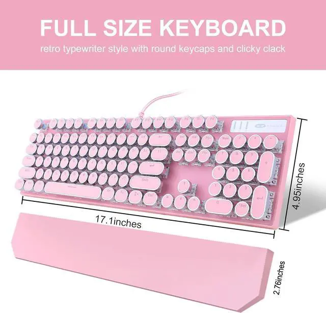 Alt view image 7 of 7 - Camiysn Typewriter Style Mechanical Gaming Keyboard, Pink Retro Punk Gaming Keyboard with White Backlit, 104 Keys Blue Switch Wired Cute Keyboards, Round Keycaps for Windows/Mac/PC