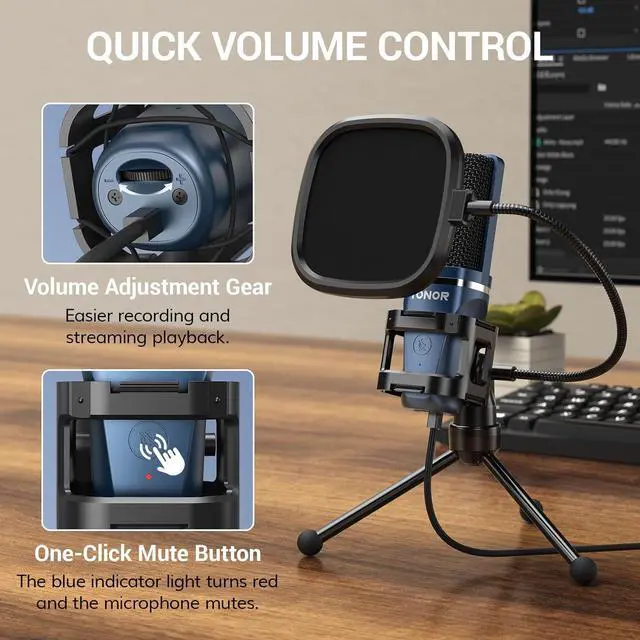 Alt view image 3 of 7 - TONOR TC-777 Podcast Microphone, USB Computer Microphone, Cardioid Condenser PC Mic with Tripod Stand and Pop Filter for Podcasting, Streaming, Vocal Recording, Compatible with PC & Laptop, PS4/5