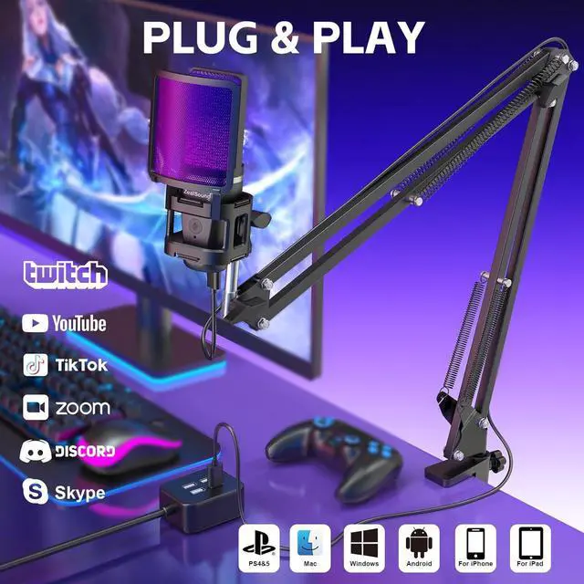 Alt view image 2 of 7 - Gaming USB Microphone,Noise Cancellation Condenser mic,RGB Microphone with Mute,Gain,Monitoring,Boom Arm,Pop Filter for Phone,PC,Computer,PS4,PS5,Mac,Streaming,Podcast,Twitch,YouTube,Discord