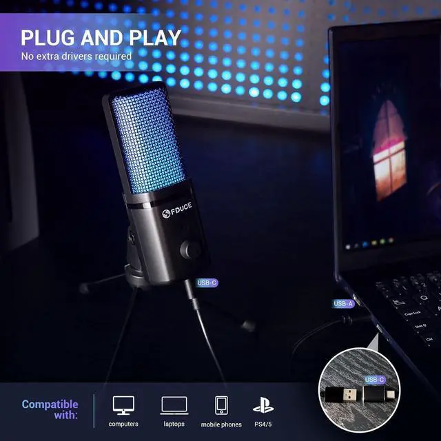 Alt view image 2 of 6 - FDUCE Gaming USB Microphone for PC,RGB Condenser Computer Mic with Tripod Stand,Quick Mute,Gain Control,Cardioid Mic for Streaming, Podcast, Twitch, YouTube, PC, Computer, PS5, (M160)