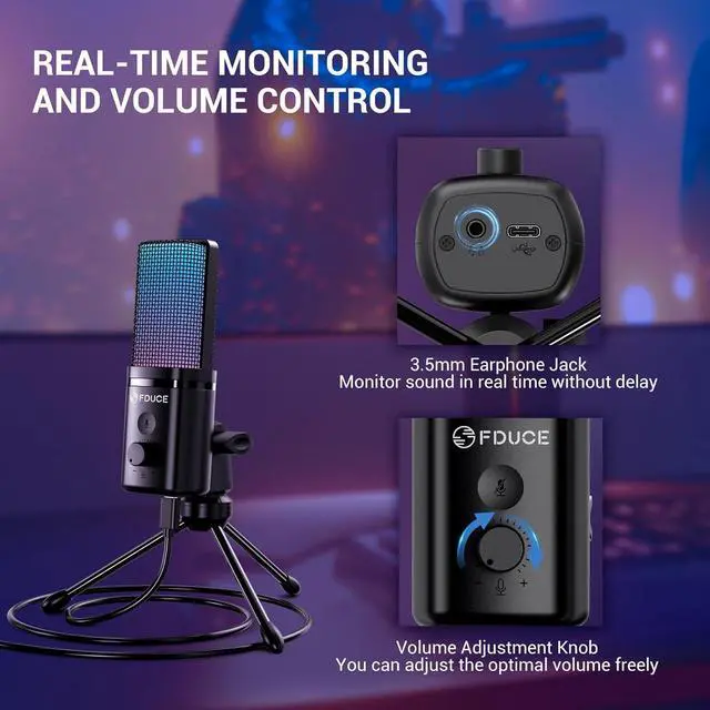 Alt view image 4 of 6 - FDUCE Gaming USB Microphone for PC,RGB Condenser Computer Mic with Tripod Stand,Quick Mute,Gain Control,Cardioid Mic for Streaming, Podcast, Twitch, YouTube, PC, Computer, PS5, (M160)
