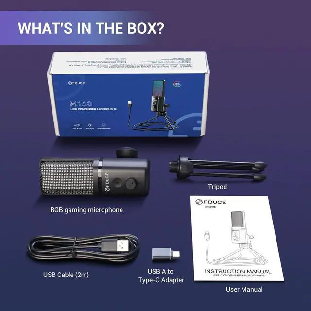 Alt view image 6 of 6 - FDUCE Gaming USB Microphone for PC,RGB Condenser Computer Mic with Tripod Stand,Quick Mute,Gain Control,Cardioid Mic for Streaming, Podcast, Twitch, YouTube, PC, Computer, PS5, (M160)