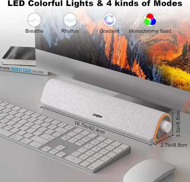 Alt view image 5 of 7 - SOULION R50 Bluetooth Computer Speakers for Desktop PC Monitor White,Wired USB Powered 3.5mm Aux PC Speakers Sound Bar,4 Modes LED Lights with Switch Button,Surround Sound Soundbar for Computer