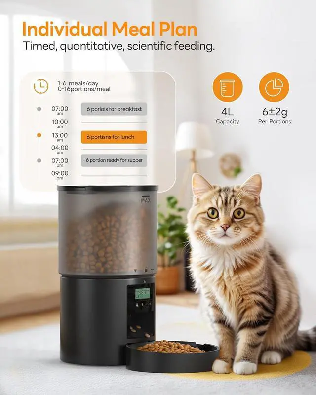 Alt view image 2 of 7 - Automatic Cat Feeder Food Dispenser: 4L Auto Dog Feeder with 1-6 Meals Cat Feeder Automatic Customized Feeding Schedule for Cats & Dogs - Cat Automatic Feeders