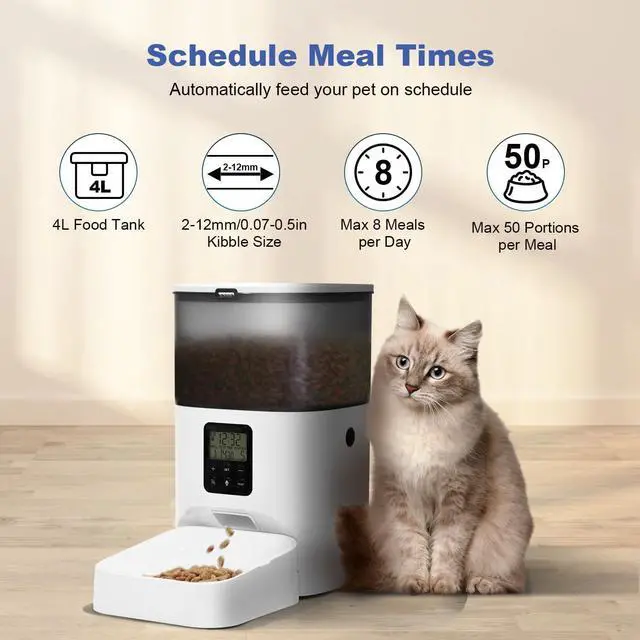 Alt view image 2 of 7 - Automatic Cat Feeder, 4L Cat Food Dispenser with 10s Voice Recorder, Pet Feeder up to 8 Meals per Day, Timed Cat Feeder with Dry Food Sealed Ring (White, 4L-Basic)