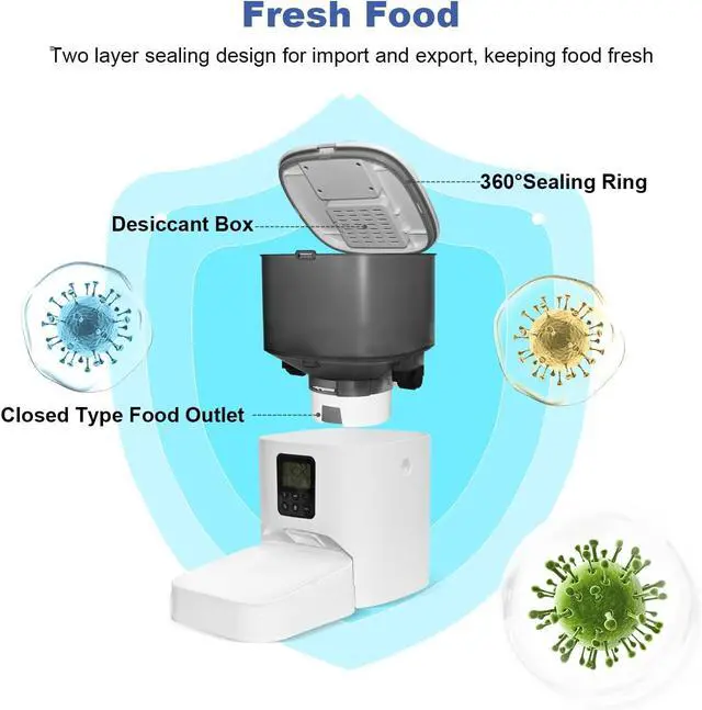 Alt view image 3 of 7 - Automatic Cat Feeder, 4L Cat Food Dispenser with 10s Voice Recorder, Pet Feeder up to 8 Meals per Day, Timed Cat Feeder with Dry Food Sealed Ring (White, 4L-Basic)