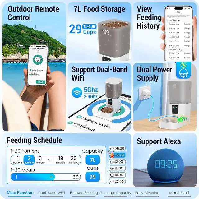 Alt view image 2 of 7 - 5G WiFi Automatic Cat Feeder with Wall Hook: Automatic Dog Feeder with 7L Large Cat Food Storage Container, Cat Food Dispenser with Alexa for Multiple Pets, Detachable for Easy Clean -29 Cup