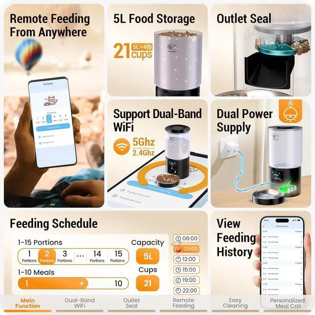 Alt view image 2 of 7 - Automatic Cat Feeder with Sealed Outlet: 5G WiFi Automatic Dog Feeder with 5L Large Cat Food Storage Container, Timed Cat Food Dispenser for Multiple Pets, Detachable for Easy Clean - 21 Cup