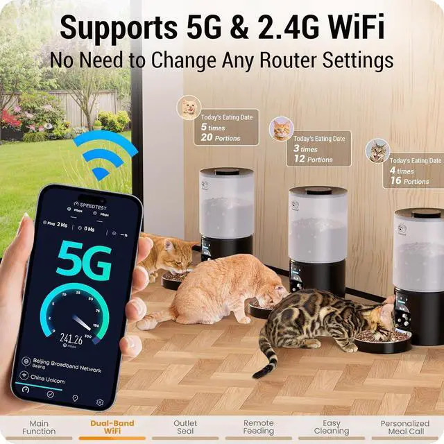 Alt view image 3 of 7 - Automatic Cat Feeder with Sealed Outlet: 5G WiFi Automatic Dog Feeder with 5L Large Cat Food Storage Container, Timed Cat Food Dispenser for Multiple Pets, Detachable for Easy Clean - 21 Cup