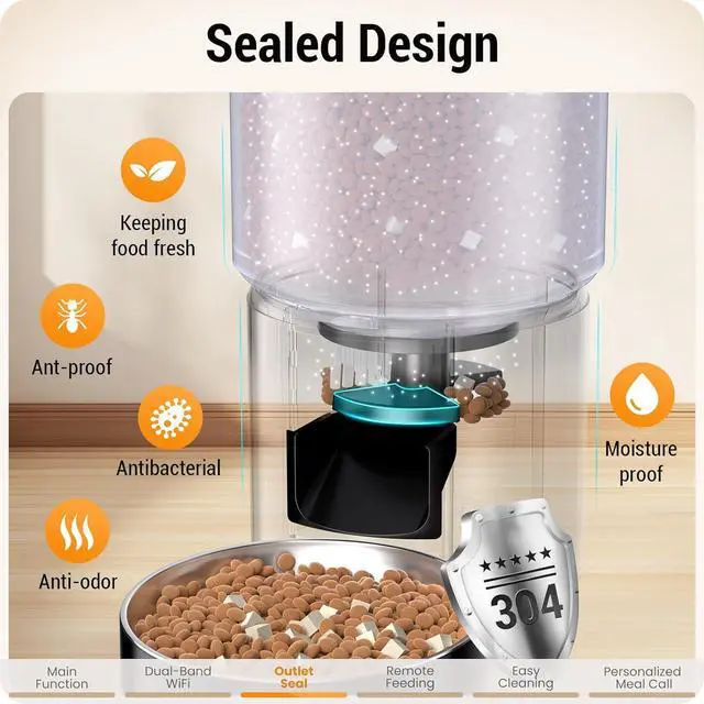 Alt view image 4 of 7 - Automatic Cat Feeder with Sealed Outlet: 5G WiFi Automatic Dog Feeder with 5L Large Cat Food Storage Container, Timed Cat Food Dispenser for Multiple Pets, Detachable for Easy Clean - 21 Cup