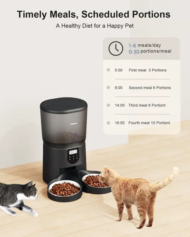 Alt view image 2 of 7 - Automatic Cat Feeders for 2 Cats, 6L/25cup Automatic Cat Food Dispenser with 2 Stainless Pet Bowls,10s Meal Call Timer Setting 30 Portions 6 Meals Per Day, Timed Pet Feeder for Cat Dog Indoor Dry Food