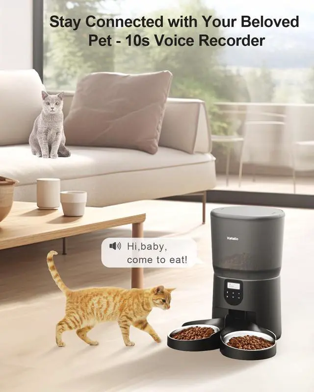 Alt view image 3 of 7 - Automatic Cat Feeders for 2 Cats, 6L/25cup Automatic Cat Food Dispenser with 2 Stainless Pet Bowls,10s Meal Call Timer Setting 30 Portions 6 Meals Per Day, Timed Pet Feeder for Cat Dog Indoor Dry Food