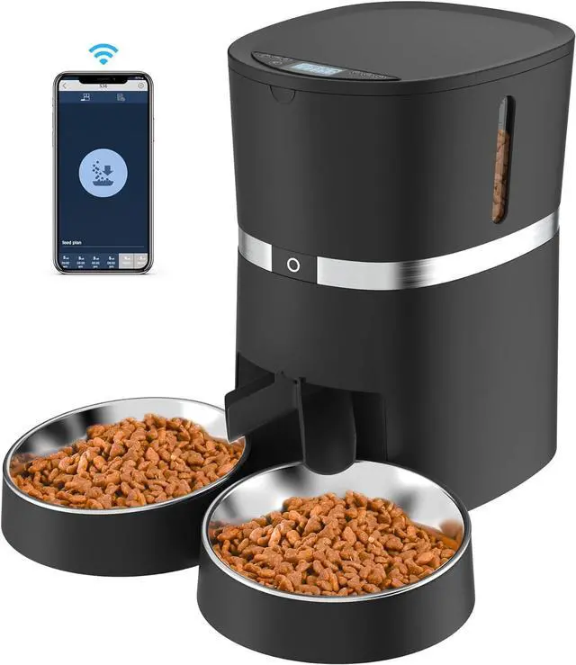 Main image of Automatic Cat Feeder, WellToBe Pet Feeder Food Dispenser for Cat & Small Dog with Two-Way Splitter and Double Bowls, up to 6 Meals with Portion Control, Voice Recorder - Battery and Plug-in Power