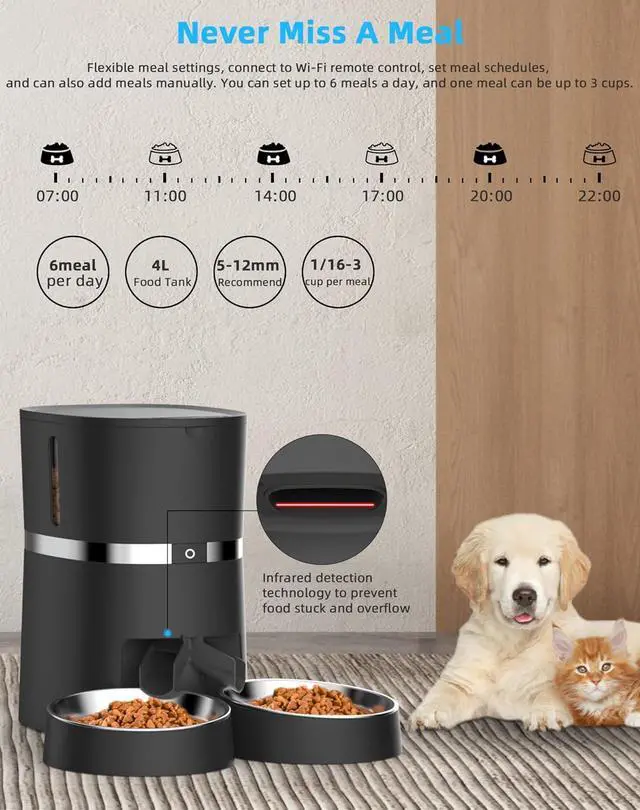 Alt view image 5 of 7 - Automatic Cat Feeder, WellToBe Pet Feeder Food Dispenser for Cat & Small Dog with Two-Way Splitter and Double Bowls, up to 6 Meals with Portion Control, Voice Recorder - Battery and Plug-in Power