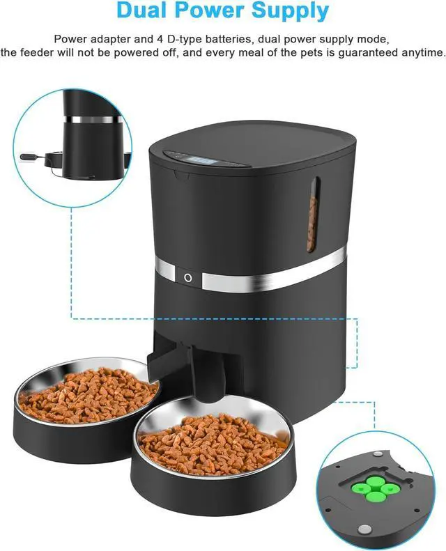 Alt view image 7 of 7 - Automatic Cat Feeder, WellToBe Pet Feeder Food Dispenser for Cat & Small Dog with Two-Way Splitter and Double Bowls, up to 6 Meals with Portion Control, Voice Recorder - Battery and Plug-in Power