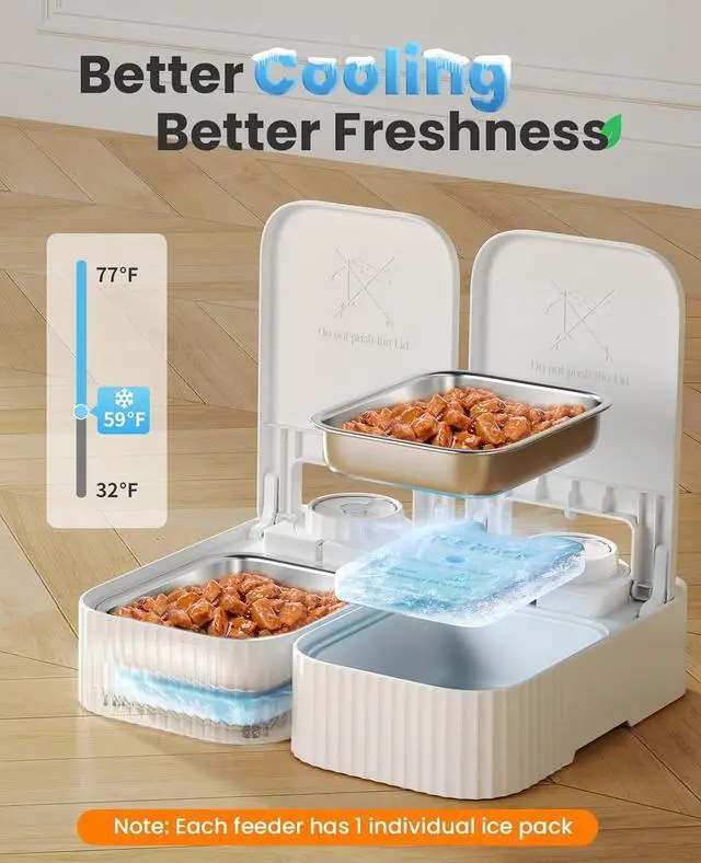 Alt view image 3 of 7 - 2-Meal Automatic Cat Feeder for Wet Food & Dry Food, Wet Cat Food Dispenser with 2 Ice Packs and Stainless Steel Bowl, Automatic Pet Feeder for Cats and Small Dog with 48H-Timer