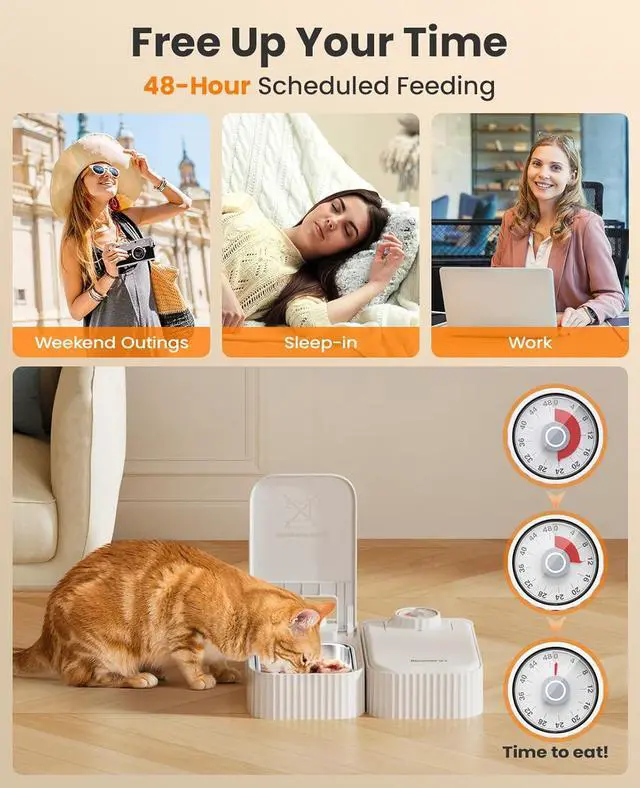 Alt view image 2 of 7 - 2-Meal Automatic Cat Feeder for Wet Food & Dry Food, Wet Cat Food Dispenser with 2 Ice Packs and Stainless Steel Bowl, Automatic Pet Feeder for Cats and Small Dog with 48H-Timer