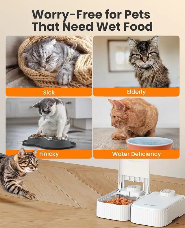 Alt view image 4 of 7 - 2-Meal Automatic Cat Feeder for Wet Food & Dry Food, Wet Cat Food Dispenser with 2 Ice Packs and Stainless Steel Bowl, Automatic Pet Feeder for Cats and Small Dog with 48H-Timer