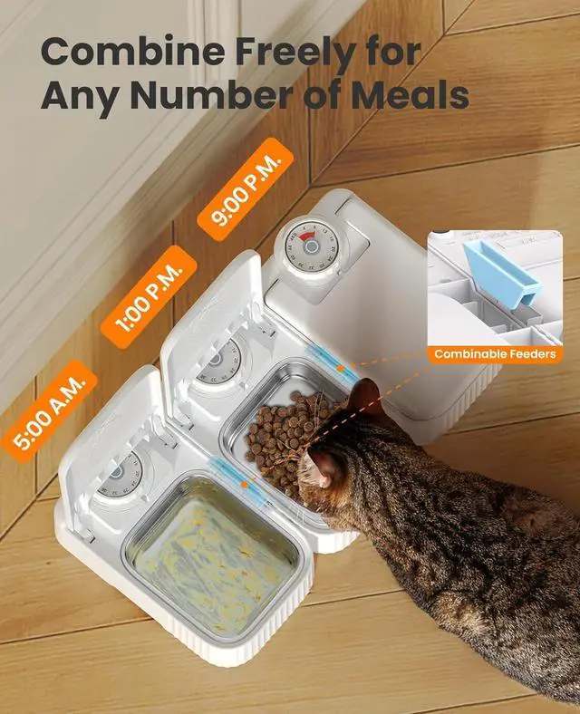 Alt view image 5 of 7 - 2-Meal Automatic Cat Feeder for Wet Food & Dry Food, Wet Cat Food Dispenser with 2 Ice Packs and Stainless Steel Bowl, Automatic Pet Feeder for Cats and Small Dog with 48H-Timer