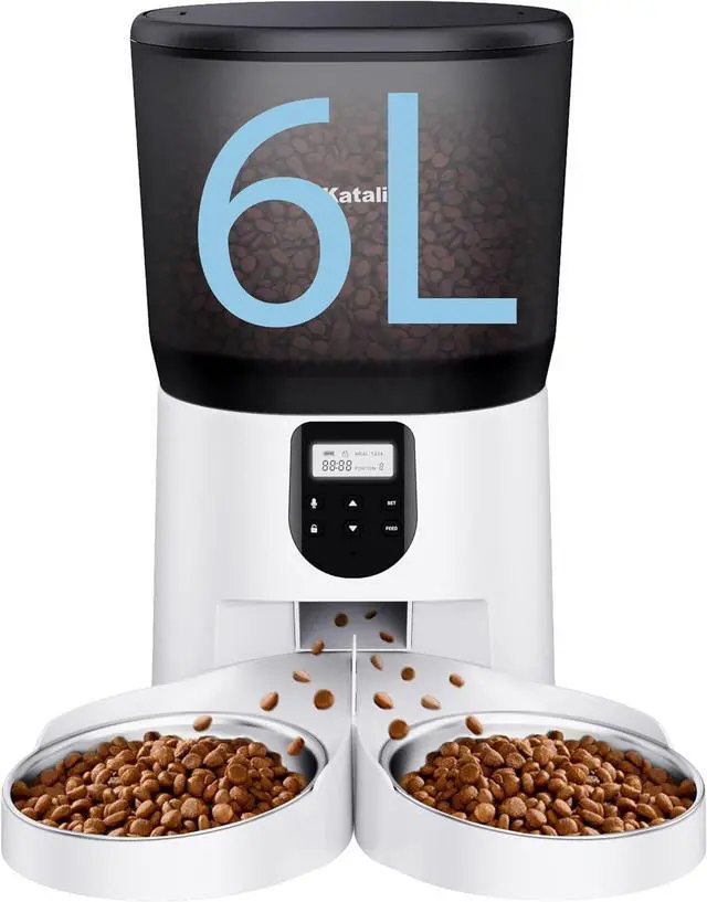 Main image of Automatic Cat Feeder for 2 Cats, 6L/25Cups Cat Food Dispenser with 2 Stainless Bowls, Pet Feeder with Timer Setting 30 Portions 6 Meals Per Day for Cats and Dogs, Dual Power Supply 10s Meal Call