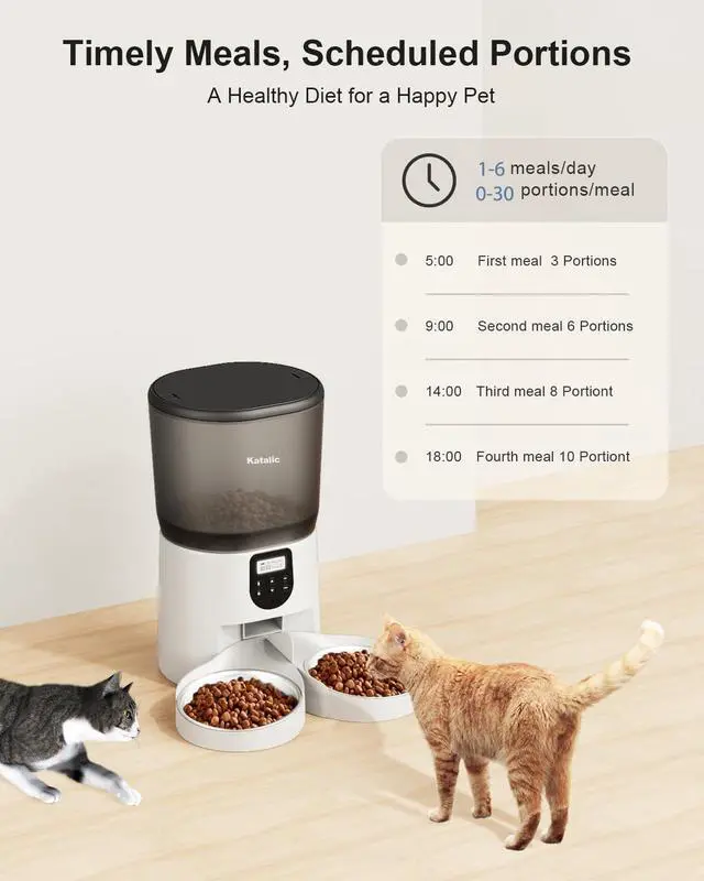 Alt view image 2 of 7 - Automatic Cat Feeder for 2 Cats, 6L/25Cups Cat Food Dispenser with 2 Stainless Bowls, Pet Feeder with Timer Setting 30 Portions 6 Meals Per Day for Cats and Dogs, Dual Power Supply 10s Meal Call