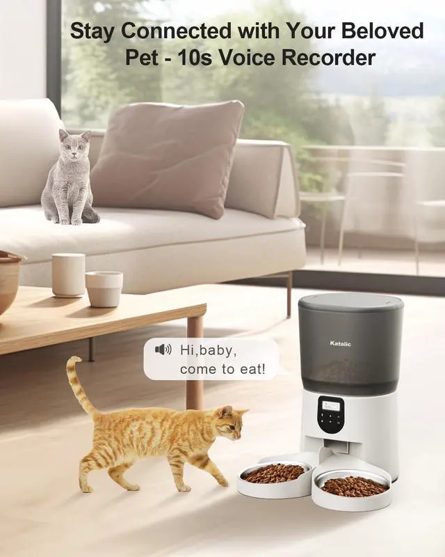 Alt view image 3 of 7 - Automatic Cat Feeder for 2 Cats, 6L/25Cups Cat Food Dispenser with 2 Stainless Bowls, Pet Feeder with Timer Setting 30 Portions 6 Meals Per Day for Cats and Dogs, Dual Power Supply 10s Meal Call