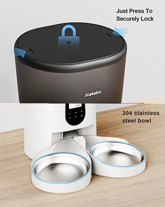 Alt view image 5 of 7 - Automatic Cat Feeder for 2 Cats, 6L/25Cups Cat Food Dispenser with 2 Stainless Bowls, Pet Feeder with Timer Setting 30 Portions 6 Meals Per Day for Cats and Dogs, Dual Power Supply 10s Meal Call