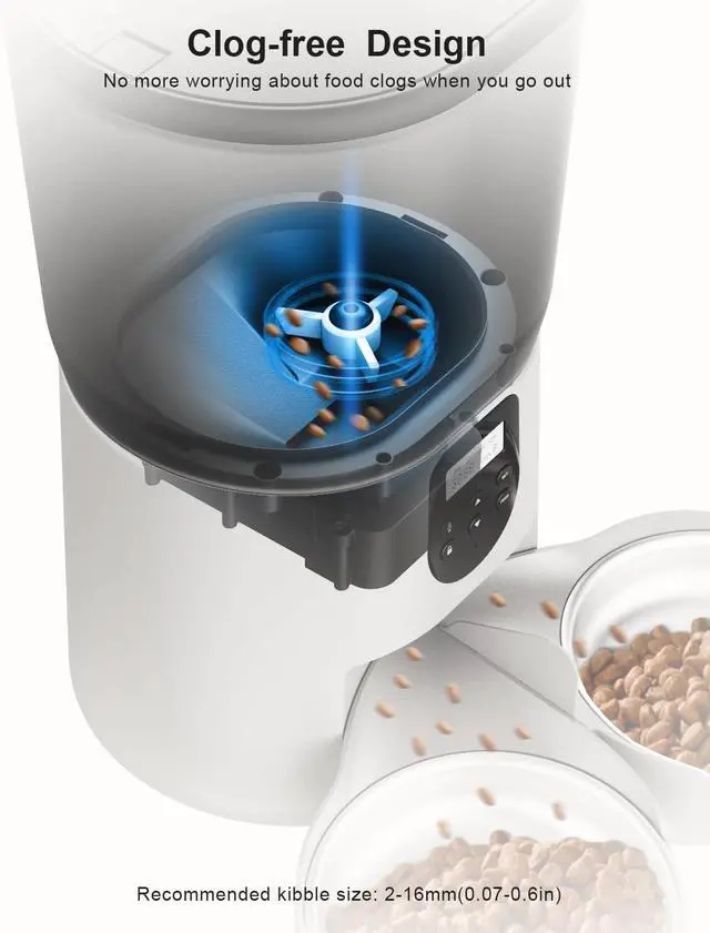 Alt view image 6 of 7 - Automatic Cat Feeder for 2 Cats, 6L/25Cups Cat Food Dispenser with 2 Stainless Bowls, Pet Feeder with Timer Setting 30 Portions 6 Meals Per Day for Cats and Dogs, Dual Power Supply 10s Meal Call