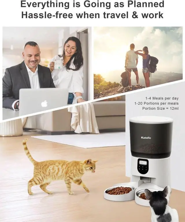 Alt view image 7 of 7 - Automatic Cat Feeder for 2 Cats, 6L/25Cups Cat Food Dispenser with 2 Stainless Bowls, Pet Feeder with Timer Setting 30 Portions 6 Meals Per Day for Cats and Dogs, Dual Power Supply 10s Meal Call