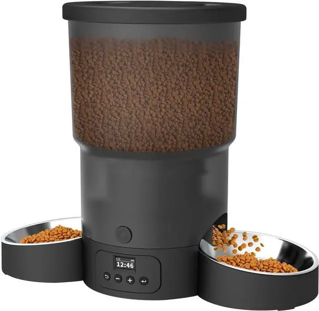 Main image of Automatic Cat Feeder for 2 Cats, 3L Cat Food Dispenser Auto Cat Feeder with 2 Stainless Bowls, 10s Meal Call Dual Power Supply and Timer Setting 12 Portions 6 Meals Per Day for Cats (Black, 5L)