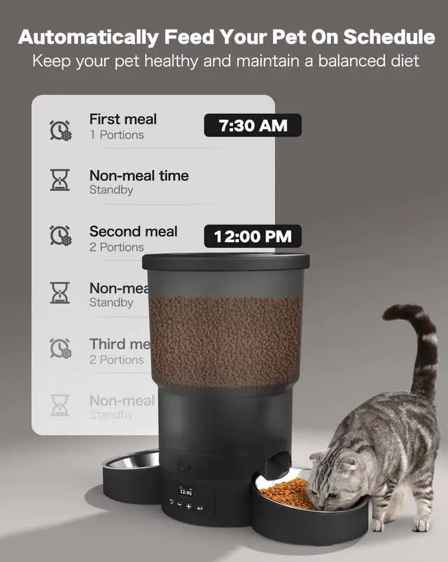 Alt view image 2 of 7 - Automatic Cat Feeder for 2 Cats, 3L Cat Food Dispenser Auto Cat Feeder with 2 Stainless Bowls, 10s Meal Call Dual Power Supply and Timer Setting 12 Portions 6 Meals Per Day for Cats (Black, 5L)