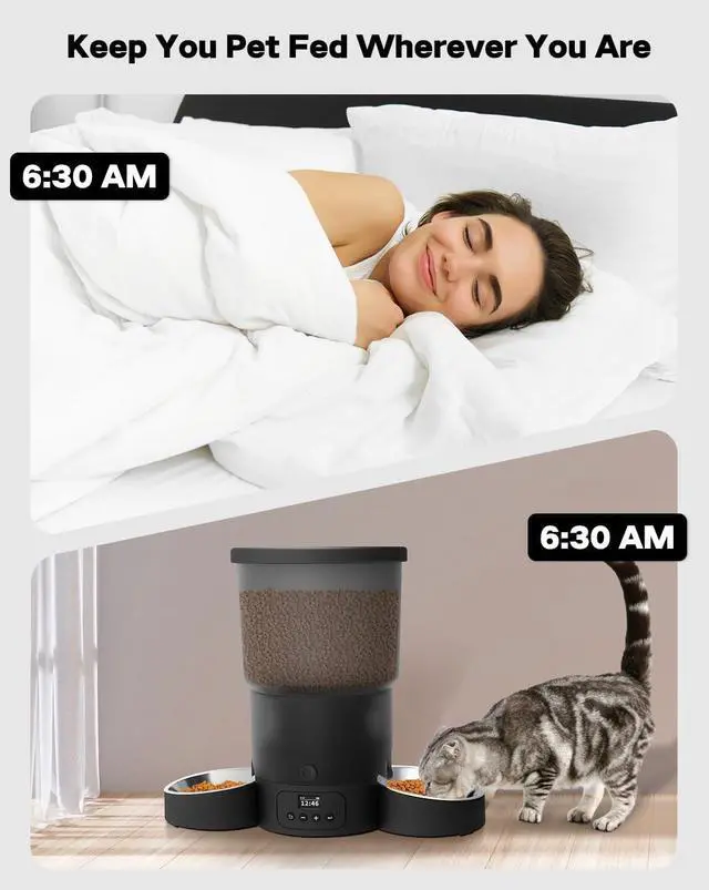 Alt view image 4 of 7 - Automatic Cat Feeder for 2 Cats, 3L Cat Food Dispenser Auto Cat Feeder with 2 Stainless Bowls, 10s Meal Call Dual Power Supply and Timer Setting 12 Portions 6 Meals Per Day for Cats (Black, 5L)
