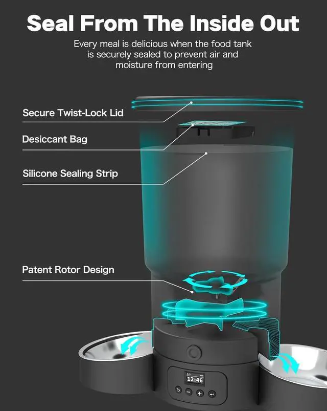Alt view image 6 of 7 - Automatic Cat Feeder for 2 Cats, 3L Cat Food Dispenser Auto Cat Feeder with 2 Stainless Bowls, 10s Meal Call Dual Power Supply and Timer Setting 12 Portions 6 Meals Per Day for Cats (Black, 5L)