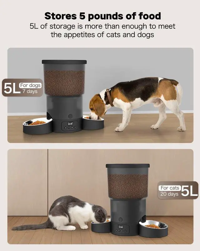 Alt view image 7 of 7 - Automatic Cat Feeder for 2 Cats, 3L Cat Food Dispenser Auto Cat Feeder with 2 Stainless Bowls, 10s Meal Call Dual Power Supply and Timer Setting 12 Portions 6 Meals Per Day for Cats (Black, 5L)