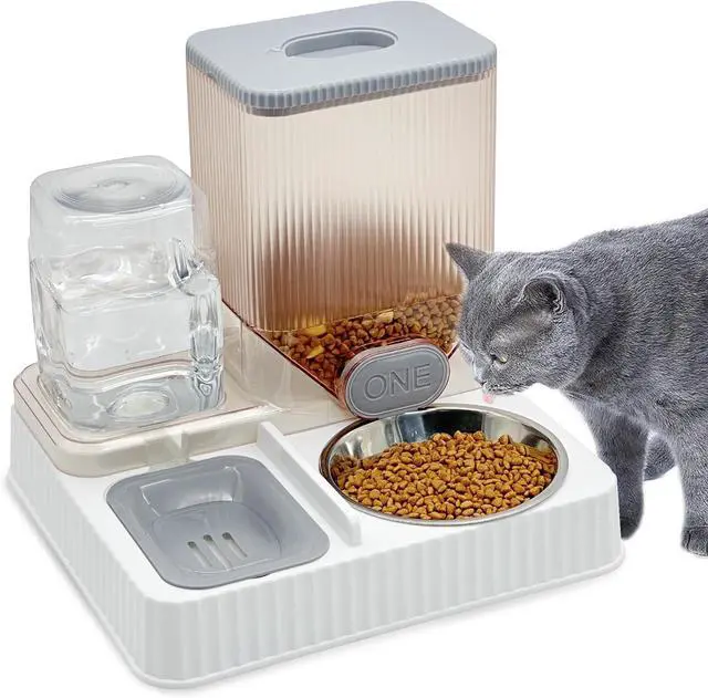 Main image of Gravity Cat Feeder & Water Dispenser, 2 in 1 Automatic Puppy Waterer Removable Stainless Steel Food Bowls Set Self Feeding Pet Food Storage for Cat Kitten Puppy Easy Clean (Grey)