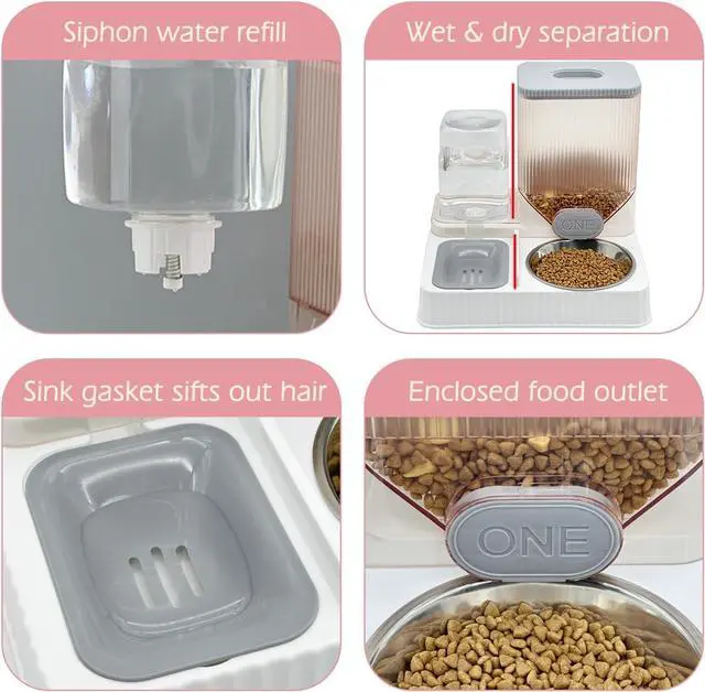 Alt view image 4 of 6 - Gravity Cat Feeder & Water Dispenser, 2 in 1 Automatic Puppy Waterer Removable Stainless Steel Food Bowls Set Self Feeding Pet Food Storage for Cat Kitten Puppy Easy Clean (Grey)