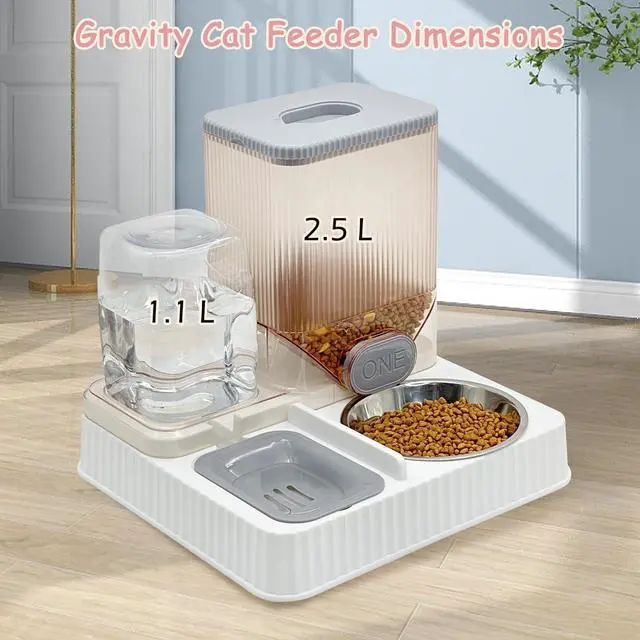 Alt view image 3 of 6 - Gravity Cat Feeder & Water Dispenser, 2 in 1 Automatic Puppy Waterer Removable Stainless Steel Food Bowls Set Self Feeding Pet Food Storage for Cat Kitten Puppy Easy Clean (Grey)