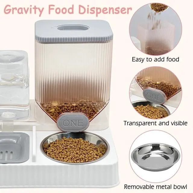 Alt view image 5 of 6 - Gravity Cat Feeder & Water Dispenser, 2 in 1 Automatic Puppy Waterer Removable Stainless Steel Food Bowls Set Self Feeding Pet Food Storage for Cat Kitten Puppy Easy Clean (Grey)