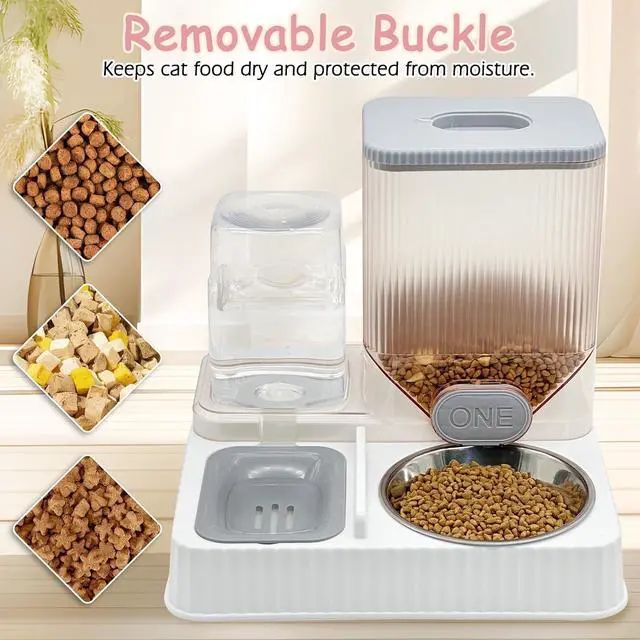 Alt view image 6 of 6 - Gravity Cat Feeder & Water Dispenser, 2 in 1 Automatic Puppy Waterer Removable Stainless Steel Food Bowls Set Self Feeding Pet Food Storage for Cat Kitten Puppy Easy Clean (Grey)