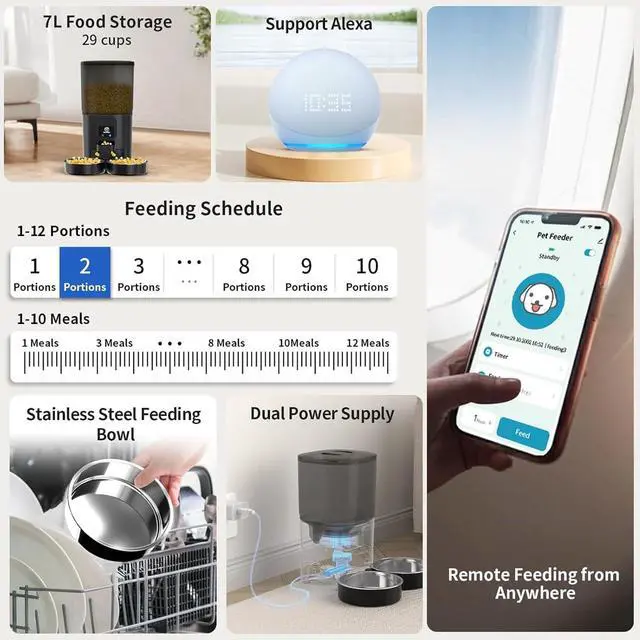 Alt view image 4 of 7 - 7L Automatic Cat Feeders for 2 Cats - 2.4G WiFi Timed Auto Feeder with APP Control for Remote Feeding, Automatic Cat Food Dispenser with Alexa, Detachable for Easy Clean, 1-10 Meals Per Day