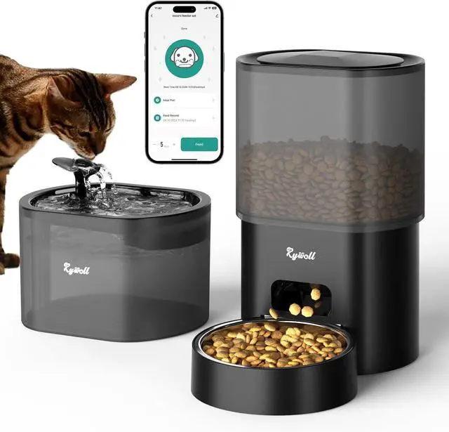Main image of Automatic Cat Feeder and Water Fountain, Rywell App Control 3L Timed Cat Food Dispenser and 85oz/2.5L Automatic Water Dispenser with Quiet Pump, Dual Power Supply Pet Feeder Set with Voice Recorder