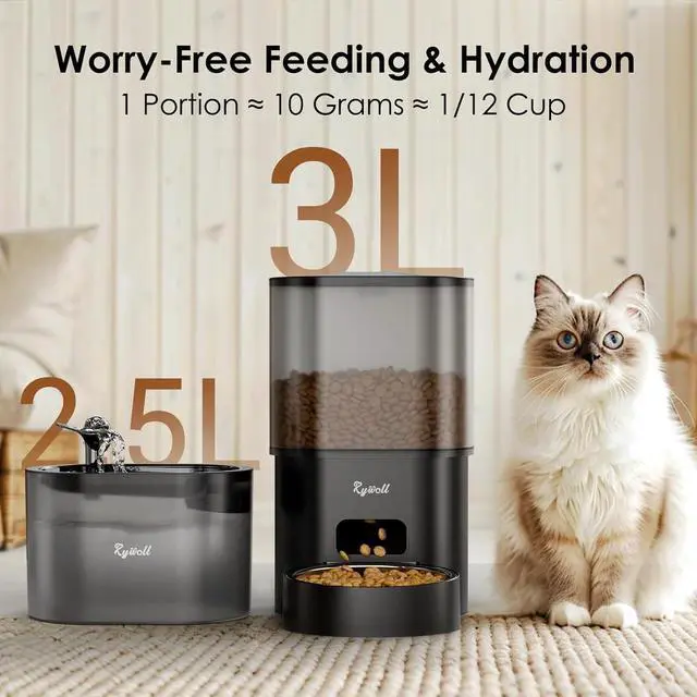 Alt view image 4 of 7 - Automatic Cat Feeder and Water Fountain, Rywell App Control 3L Timed Cat Food Dispenser and 85oz/2.5L Automatic Water Dispenser with Quiet Pump, Dual Power Supply Pet Feeder Set with Voice Recorder